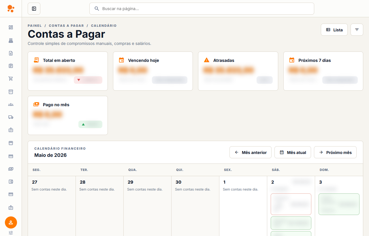 Preview do calendario de contas a pagar do Orange Sales