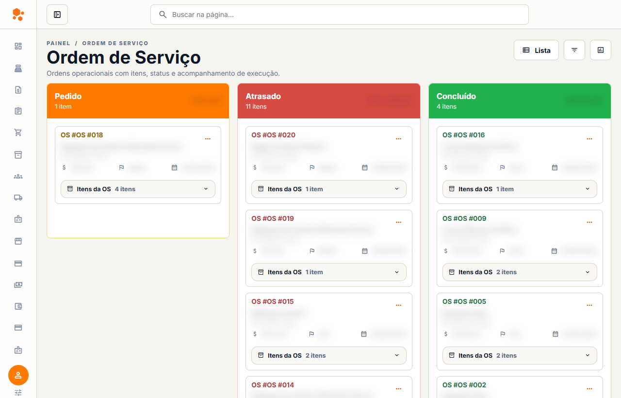Preview do kanban de ordem de servico do Orange Sales