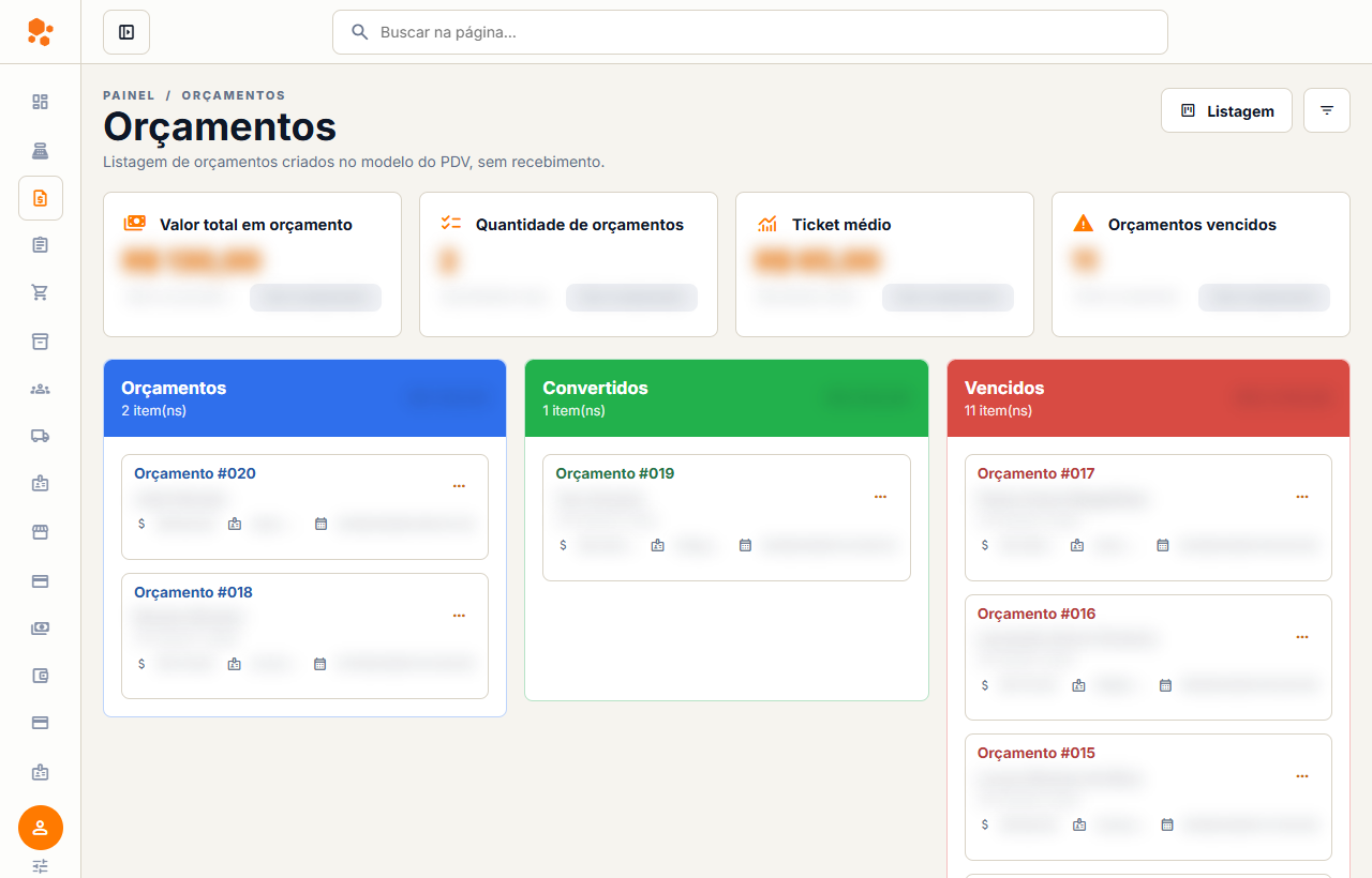 Preview da tela de orcamentos do Orange Sales